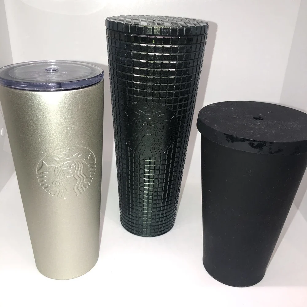 Starbucks Tumblers Lot Dark Green Studded Gold Black Lids No Straw Cold Beverage